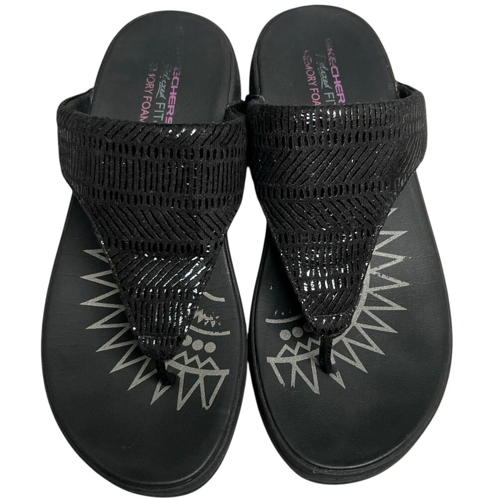 Skechers Retrogrades Sandals Women 10 Black Suede Relaxed Metallic Comfort Shoes - Picture 3 of 14